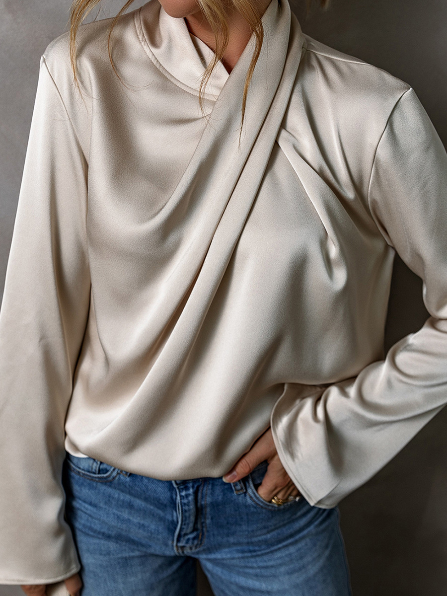 Women Satin Blouses Hot selling Spring new solid color satin chiffon blouse for women, European and American fashion high-end pleated top for women