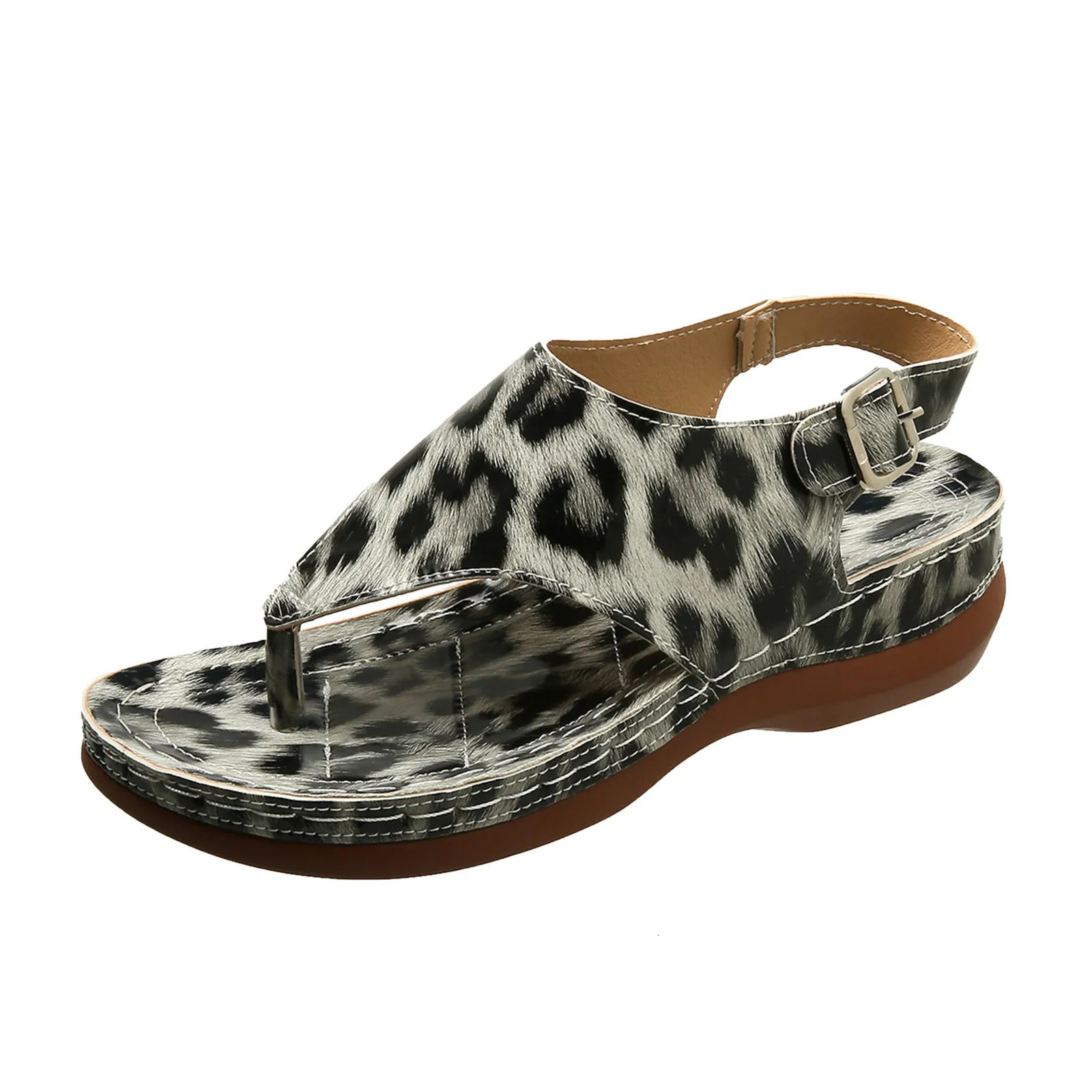 Korean Fashion Ladies Shoes Retro Leopard Print Clip Toe Buckle Thick Sole Sloping Heel Sandals Sandalias De Mujeres En Oferta 250306