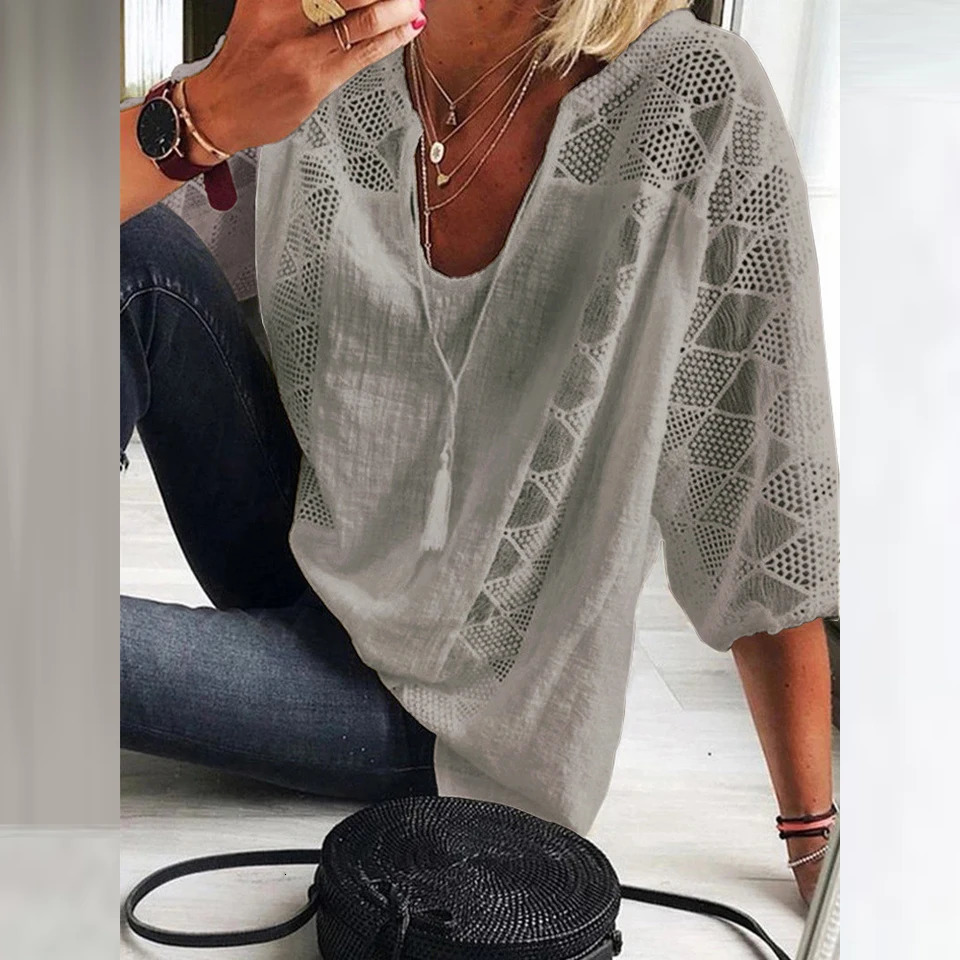 Plus Size L-5XL Blouse Cotton Linen Patchwork Lace U-neck Women Draw String Hollow Tops Summer Elegant Three Quarter Sleeve Tees250304