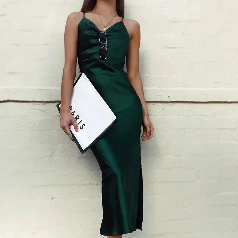 2025 NEW Sexy Horizon Green Satin Evening Bandage Green Slim Fit Midi Dresses Elegant Backless Party Dress Fashion Women Clothes 21796 KLMY