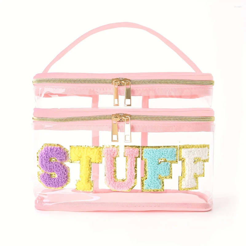 2025 NEW Cosmetic Bags 1pcs Large Capacity Letter Embroidery Double Layer Transparent Bag Toiletry Travel Storage Suitable For zhanyishengli
