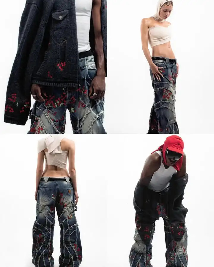 Vintage heavy-duty jeans Y2K mens cherry blossom embroidery retro open collar embroidery retro blue pocket jeans low waist wide Trouser 250306
