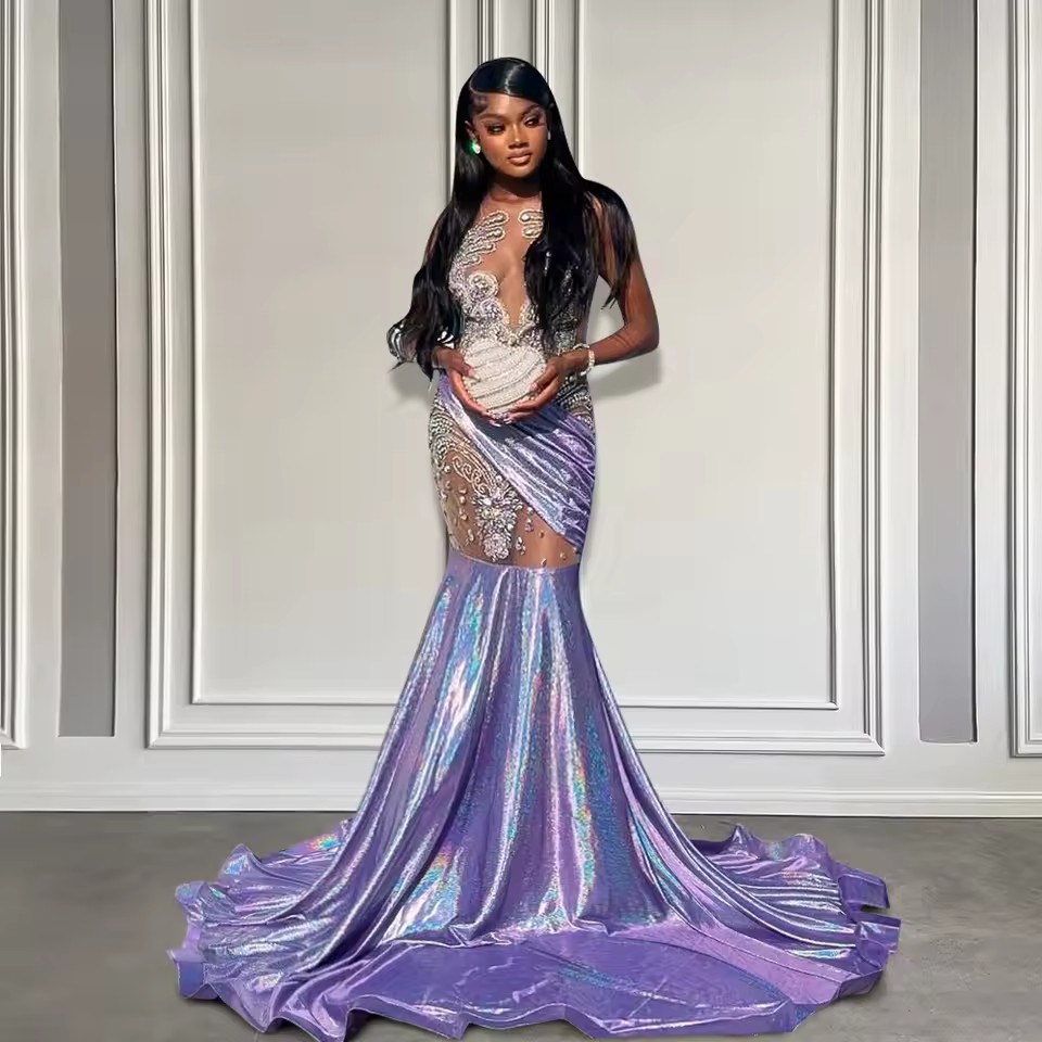 Purple O Neck Sequined Mermaid Prom Dresses 2025 For Black Girls Crystal Dia Birthday Gowns Long Party Outfits Customized