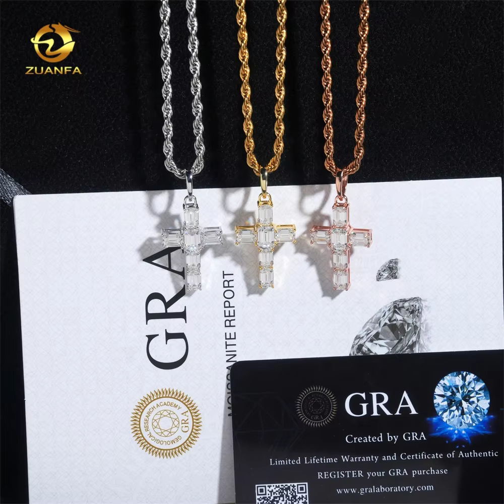New Arrivals Emerald Cut Hip Hop Style 925 Sterling Silver Tennis Cross VVS Moissanite Pendants