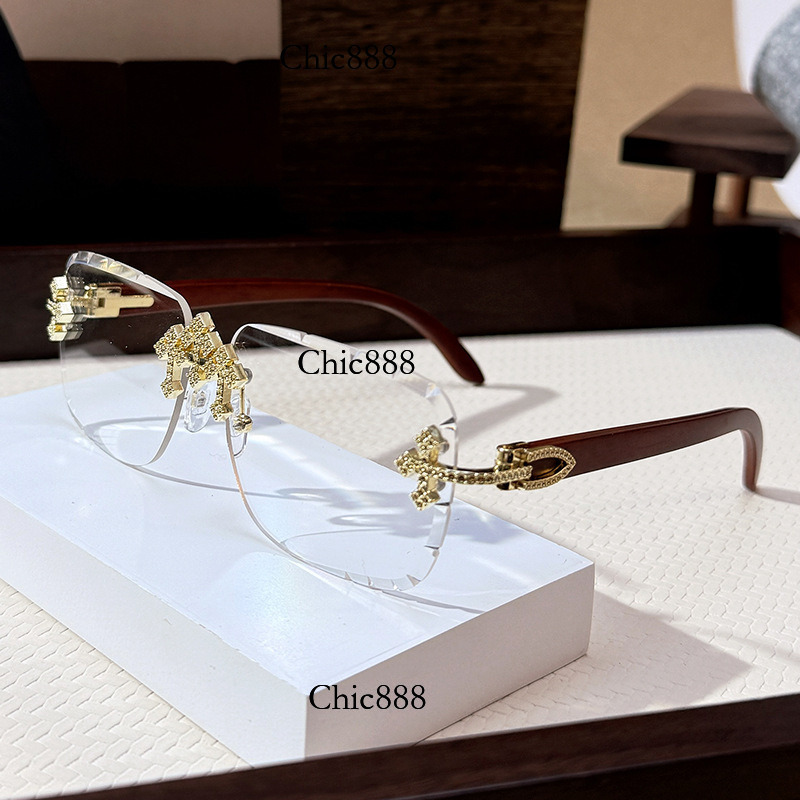 Cross inlaid diamond sunglasses for men, starry sky metal frameless sunglasses, high-end decorative wood grain legs