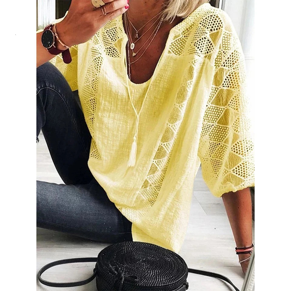 Plus Size L-5XL Blouse Cotton Linen Patchwork Lace U-neck Women Draw String Hollow Tops Summer Elegant Three Quarter Sleeve Tees250304