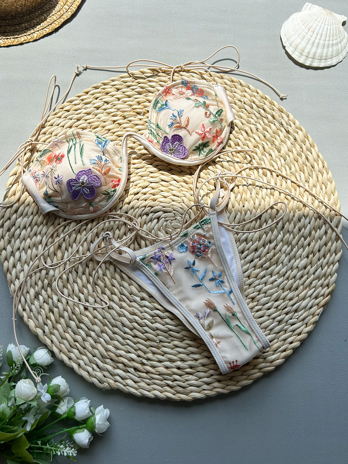Women's Swimwear Bathing Suit String Bikinis Beige Shiny Flower Embroidery Thong Micro Push Up Bikini Set Sexy Swimsuit Women