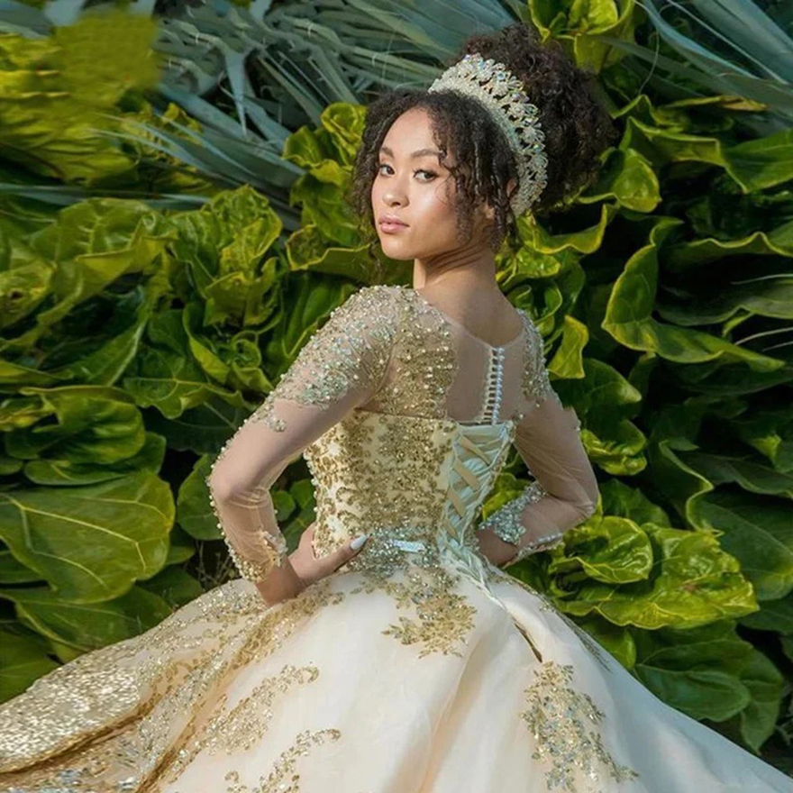 Gold Quinceanera Dress Lace Pearls Ball vestidos para 15 vestido anos Glitter Long Sleeve Sequined Birthday Prom Gown V1F31 Free ship