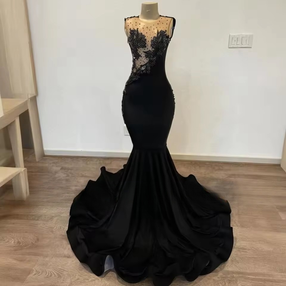 Sexy Black Satin Prom Dresses Women 2025 Simple Mermaid O Neck Glitter Applique Beads Long Party Dress Women Customized