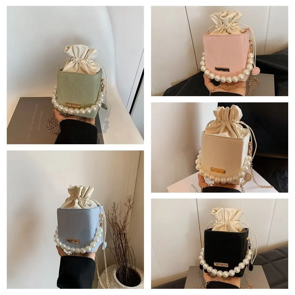 Retro Pu Leather Women Bucket Bag Square Vintage Drawstring Crossbody Pearl Chain Strap Shoulder Outdoor 250227