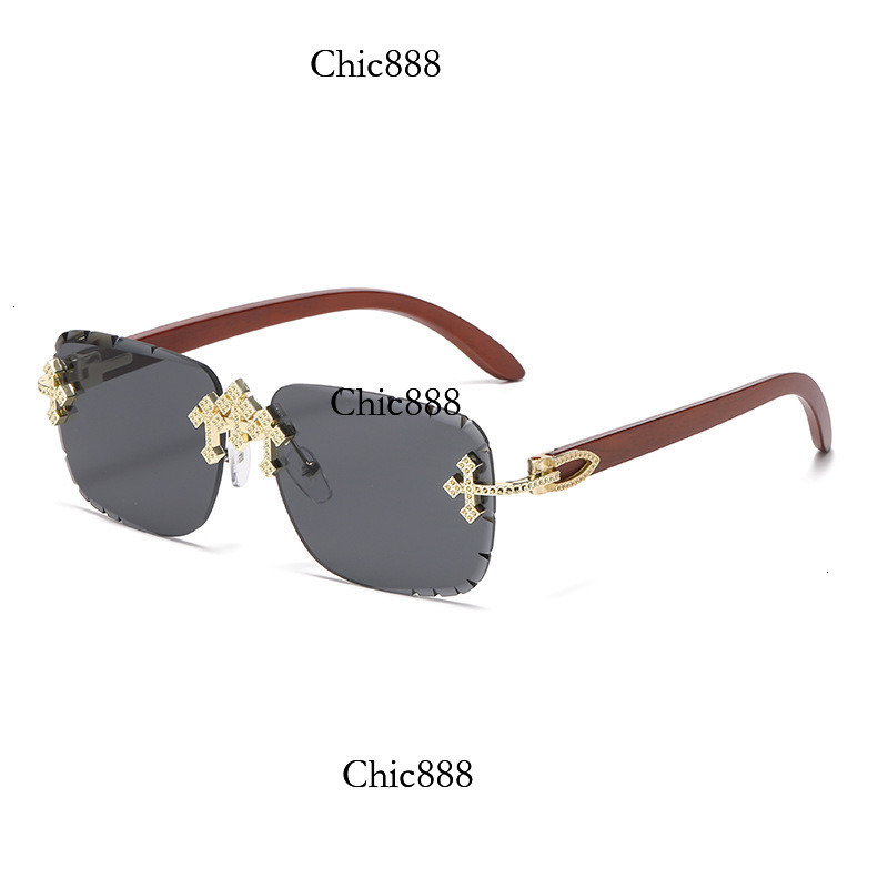 Cross inlaid diamond sunglasses for men, starry sky metal frameless sunglasses, high-end decorative wood grain legs