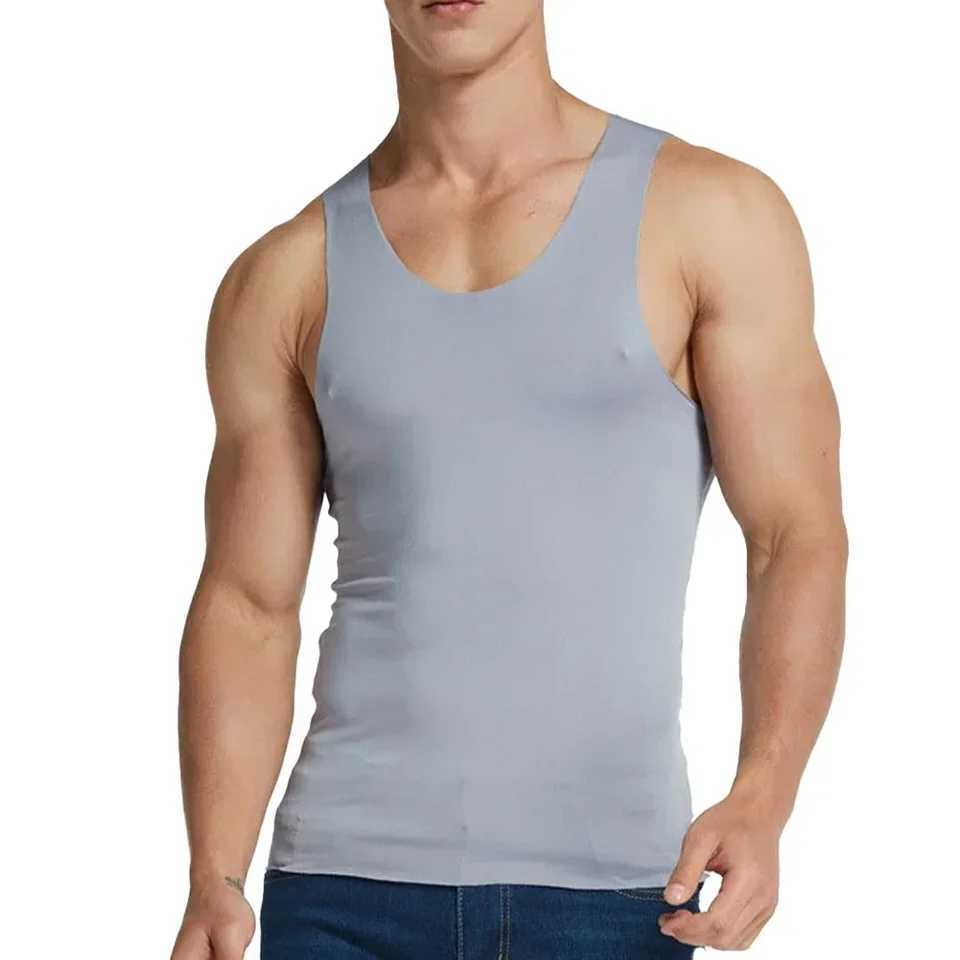 High Elastic Mens Sleeveless Vest Seamless Ice Silk Top For Sports And Leisure White/Black/Navy Blue/Claret/Gray/Water BlueT250318