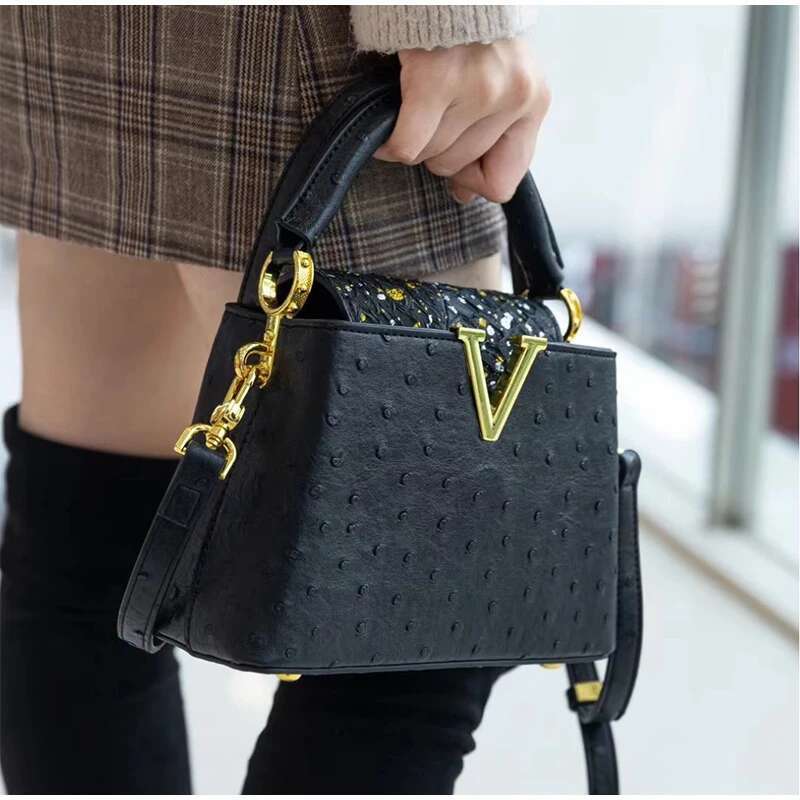 High-End Brand Women's Handbag Spring New Fashion Ostrich Pattern Crossbody Shoulder Pink Black Flap Gold Bag