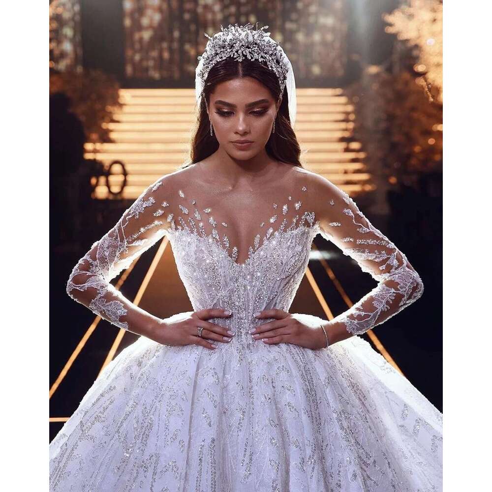 Customized glitter fringed bright sequins tulle appliques illusion wedding dresses