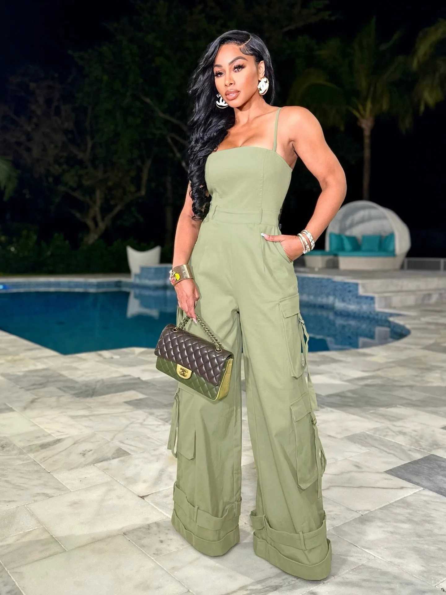 lti Pockets Wide Leg Cargo Jumpsuit Sexy Women Spaghetti Strap Ele Streetwear Casual Overalls RomperXJ250307