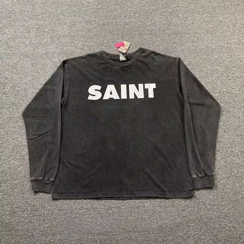 Casual Washed Saint Long Sleeve Tee Men Woman 1:1 2024Fw Best Quality Vintage Letter Printing Damaged High Street Top