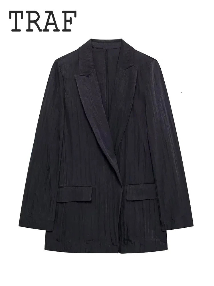 TRAF Dark Womens Two Piece Sets Elastic Waist Wide Leg Pants Set Wrinkle Effect Open Collar Suit Coat Top Elegant 250225