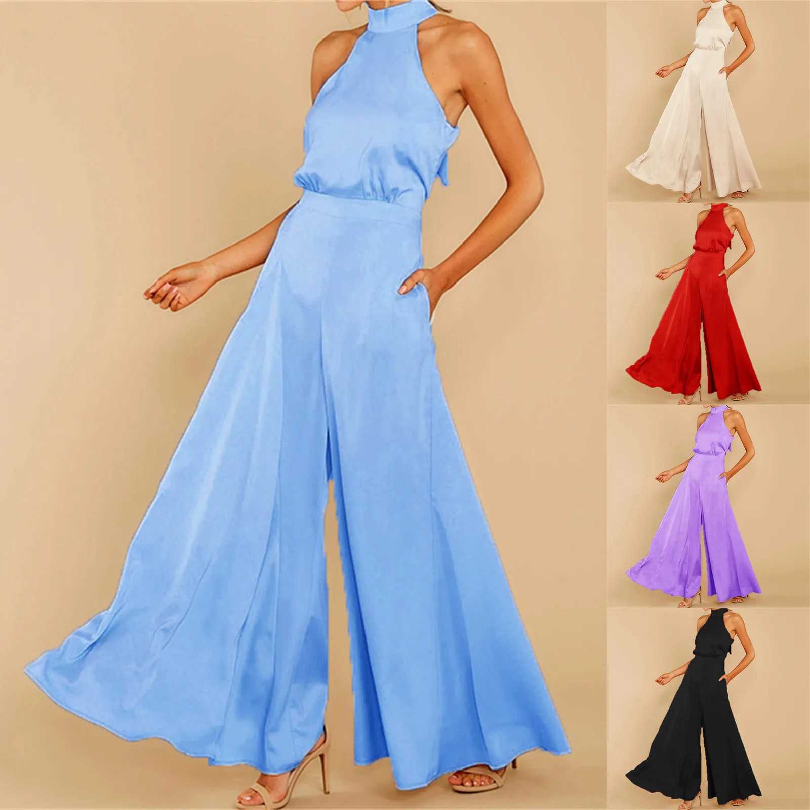 Womens Neck Tie Back Jumpsuit Solid Color Women Full Length Large Leg Loose Pants Casual One Piece Sling Long TrousersXJ250307