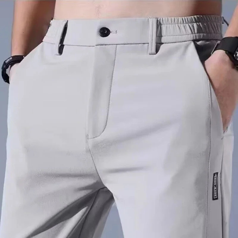 Mens casual pants semi elastic waistband nylon ice silver elastic straight tube light gray business gentleman summer casual y250305