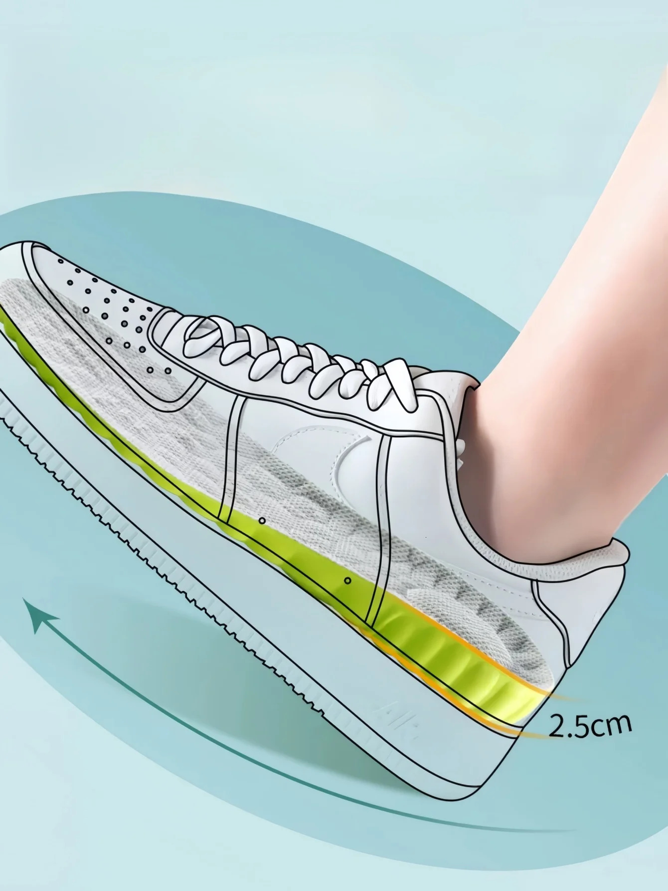 1 Pair Of Highly Flexible Latex Height Increasing Shock Absorbing Sports Insoles Breathable Long Time Standing 250306