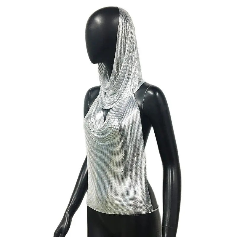 Fashion Sexy Metallic Sequins Women Crop Tank Tops with Headscarf Backless Hollow Out Halter Metal Sequin Chain Corset Top 250304