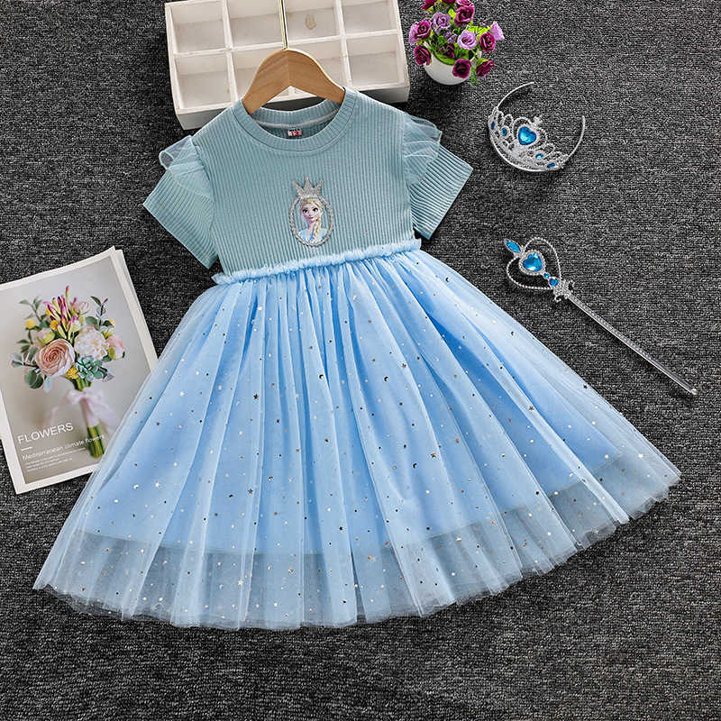 Girl's Dresses 2025 Summer Collection Splicing Mesh Skirt Girl Cute Cartoon Dress Short Sleeve Princess Skirt Y250307Y1Q6