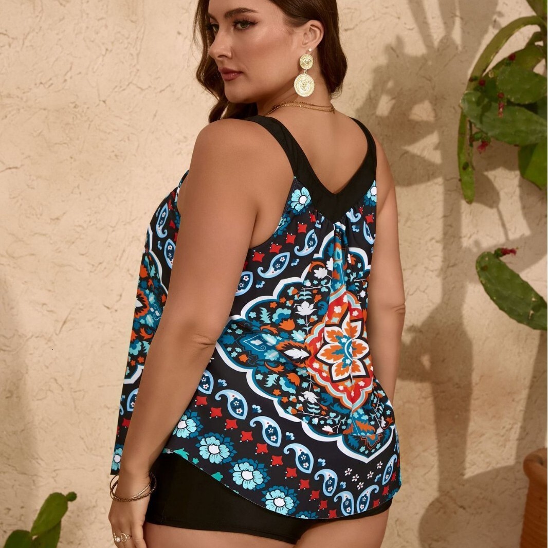 New Large Digital Printed Conservative Split Flat Angle Tankini Bikini
