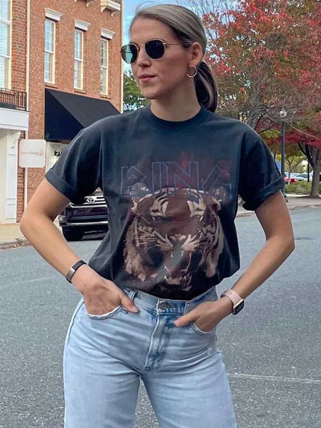 Women's T-Shirt Tiger Graphic T-Shirt Women Short Slve Round Neck Fashion Ts Tops 2024 Summer Clothes Vintage T Shirt T-shirts Female Y250307EL8O