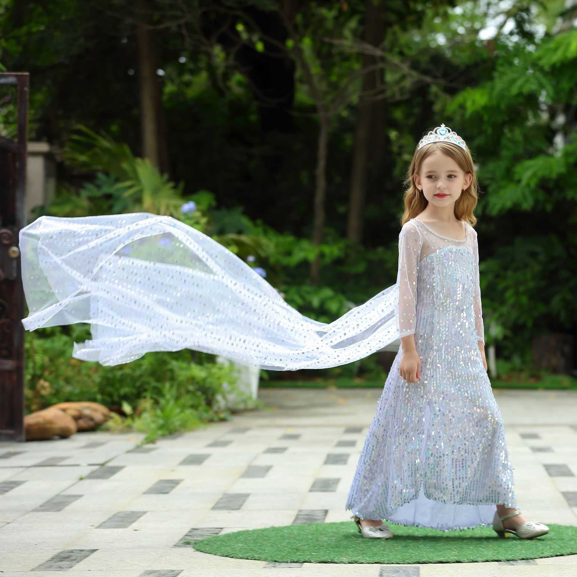 Girl's Dresses 2 Princess Dress Long Sleeve White Glitter Dress Girls Performance Dress Y250307EM5W