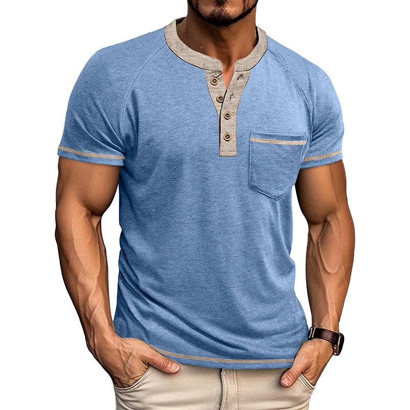XXXL T-shirts Summer Men's Short-sleeved Henry Shirt Buttons Retro T-shirt Color Matching Polos Clothes Male Pullovers Tops Tees Dark Grey Green 