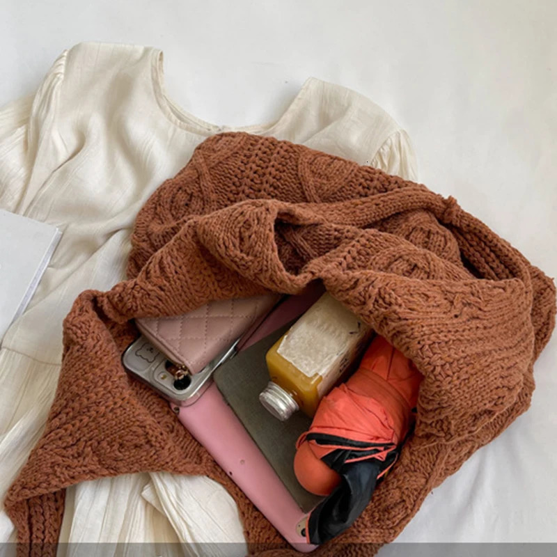 Wool Knitted Shoulder Bag Womens Retro Cotton Handbag Shopping 250227