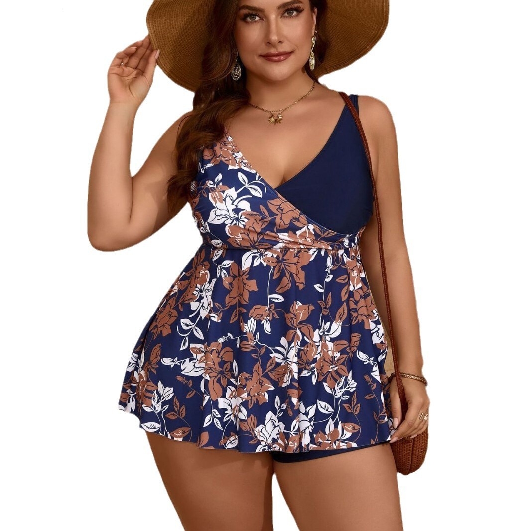 New Plus Size Swimsuit Womens Camisole Short Skirt Printed Low Cut High Waisted Flat Angle Pants Swimsuit Batch
