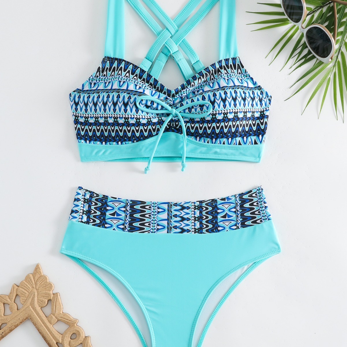 New Split Cross Strap Swimsuit with Multi Color Printed High Waist Swimsuit for Women