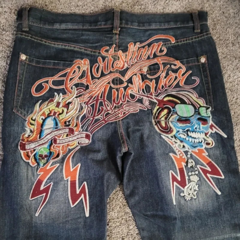 Y2K baggy jeans Retro Harajuku print pattern straight leg wide leg pants fashionable embroidered Washed denim fabric floor pants 250306