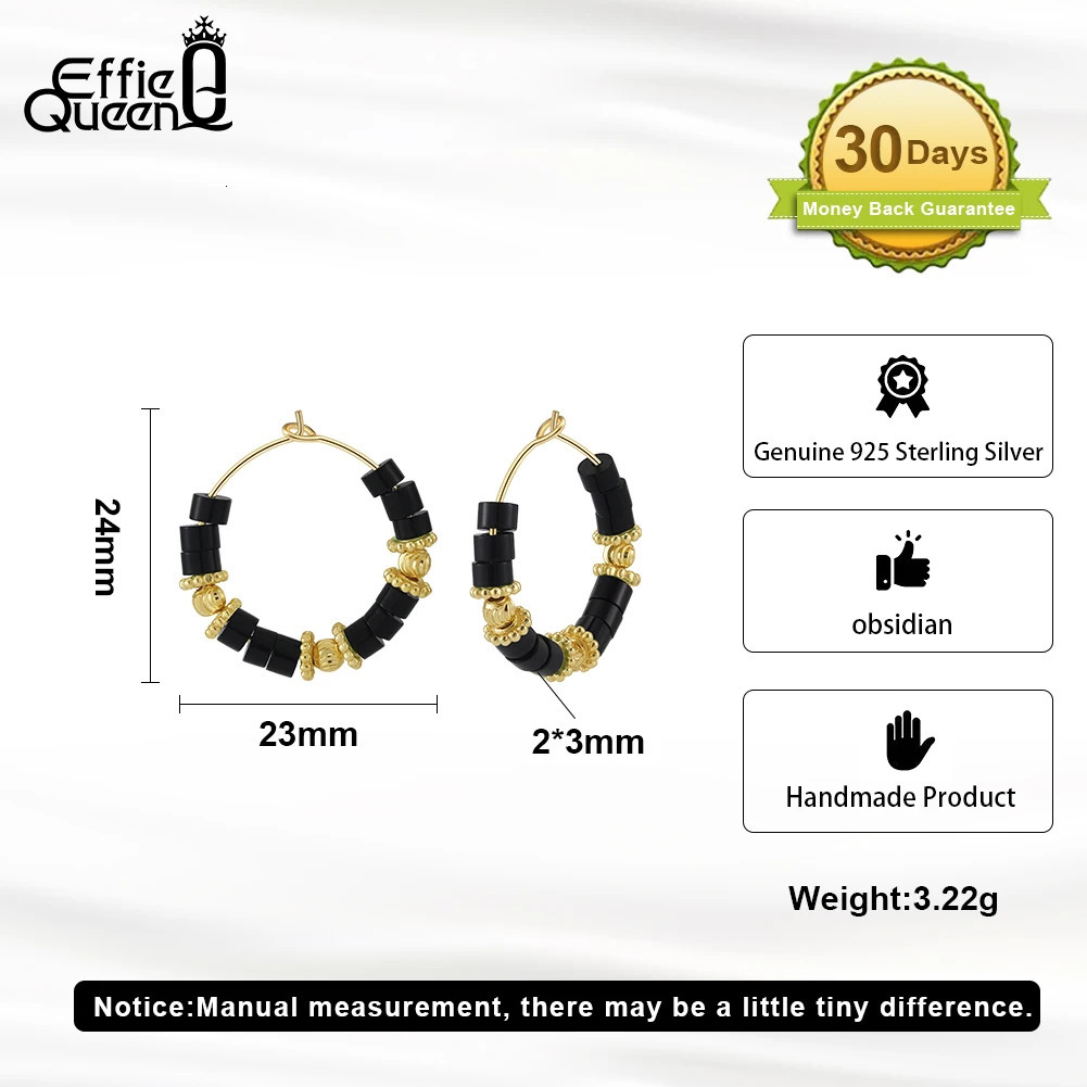 Effie Queen Exquisite 925 Sterling Silver Hoop Earrings With Black Obsidian Round Style Natural Stone Series Party Present GME42 250303