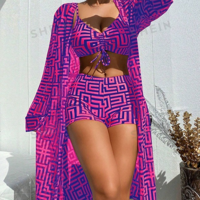 New Womens Split Swimsuit Cover Up Three Piece Set Gathered for Beach High Waisted Flat Angle Pants Swimming