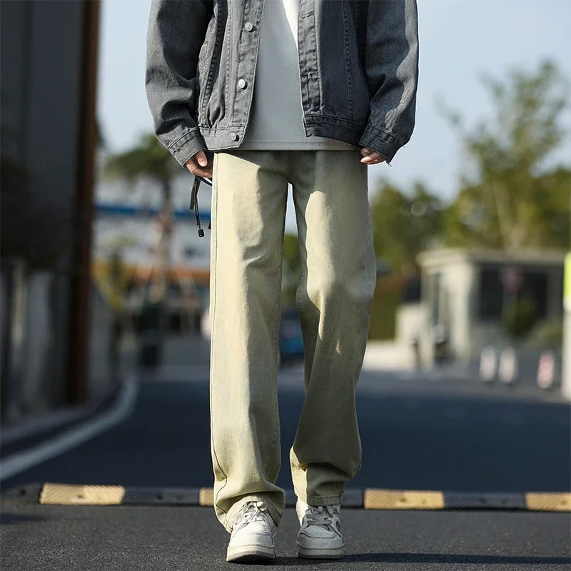 2025 Korean style mens casual long jeans classic straight denim wide leg pants solid color light blue gray up to 3XL 250305
