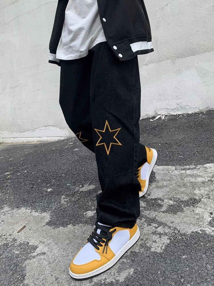 Trousers Straight Man Cowboy Pants with Print Mens Jeans Hip Hop Star Cotton Trend Stacked 90s Streetwear Y2k Vintage Kpop 250306
