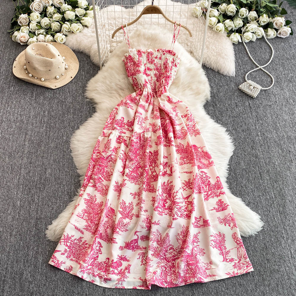 2025 New Chiffon Printed Designer Dress With Backless Vest Suitable For Women's Elastic Waist Slimming Outdoor Leisure Beach Vacation Mid Length 