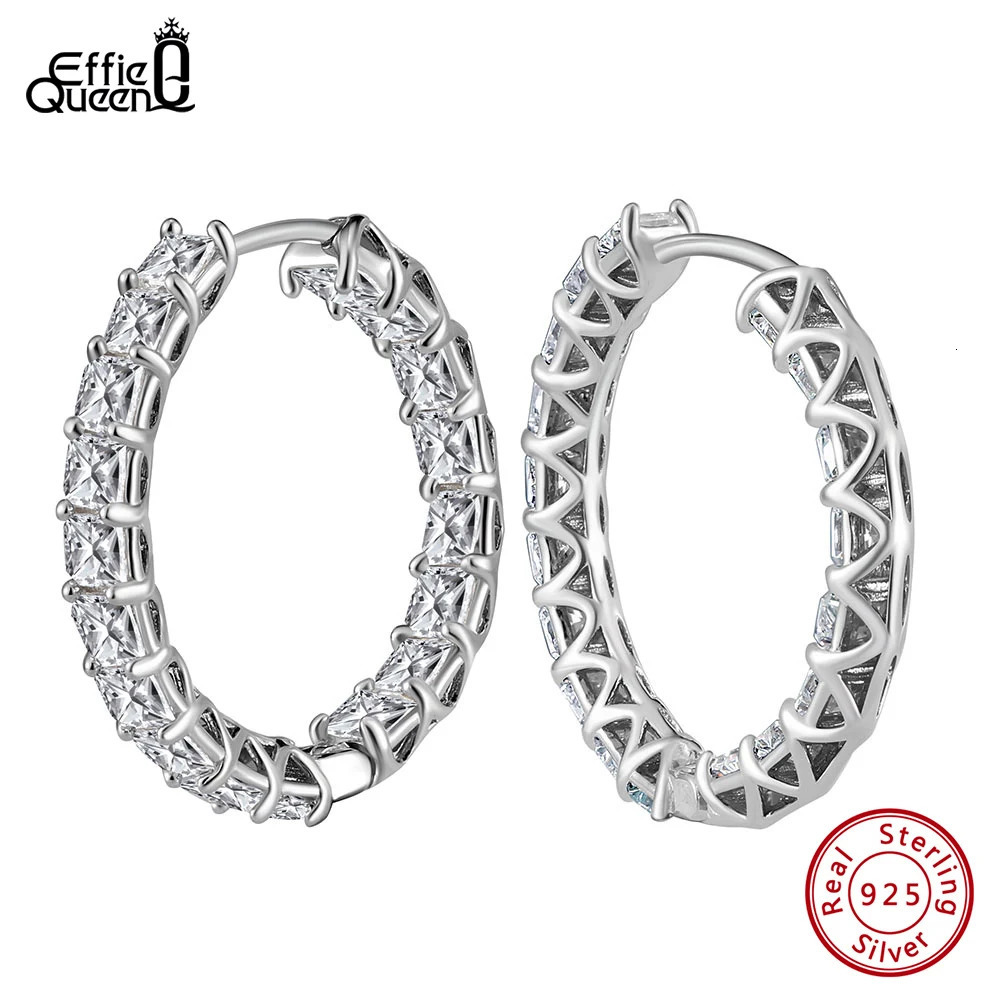 Effie Queen 925 Sterling Silver Hoop Earrings 8A Premium White Brilliant Cubic Zirconia Decor Minimalism Party Gift LZE14 250303