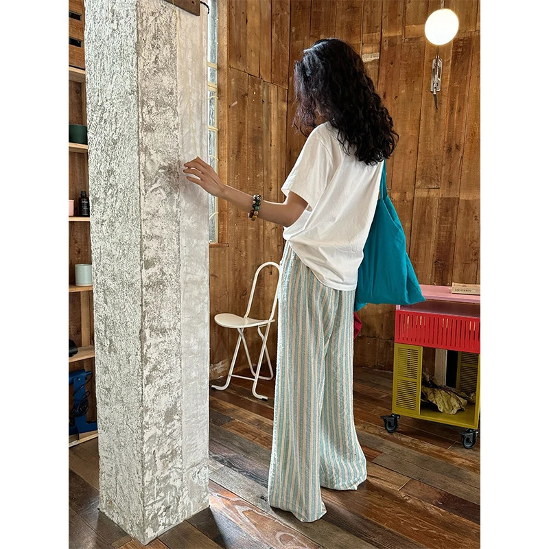 Retro striped wide leg pants Harajuku womens high waisted cotton linen pants summer Japanese streetwear luggage straight pants 250306