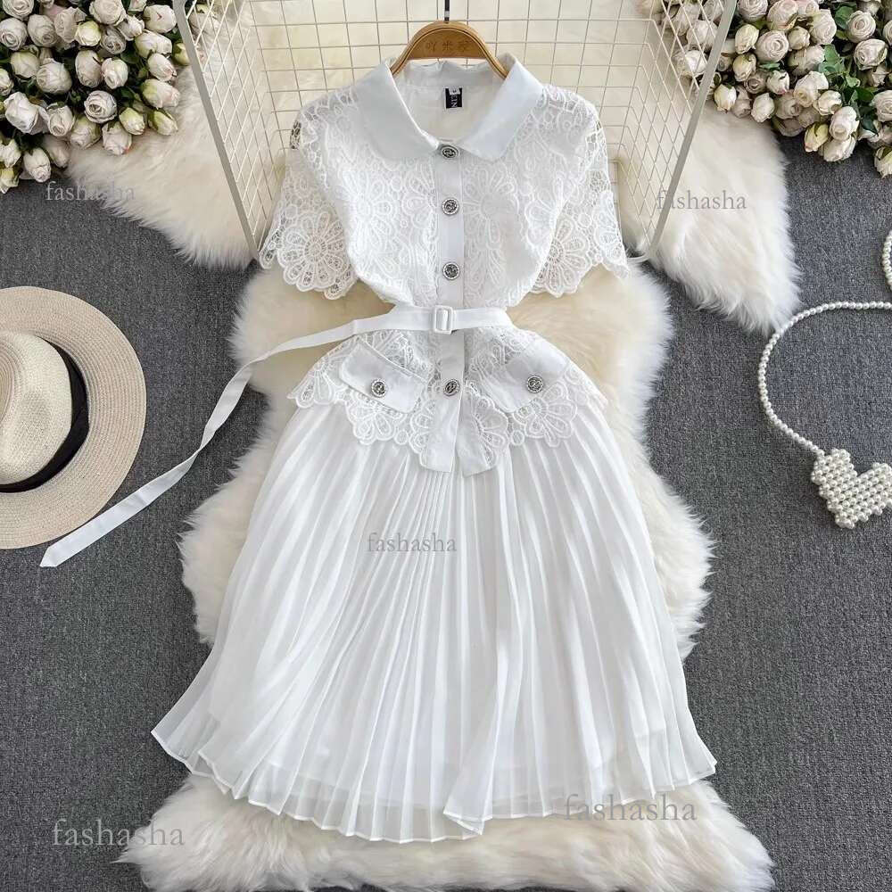 Basic Casual Dresses Summer Elegant Crochet Lace Patchwork Chiffon Pleated Dress Womens Short Sleeve Hollow Out Flower Buttons Belt Runway Vest