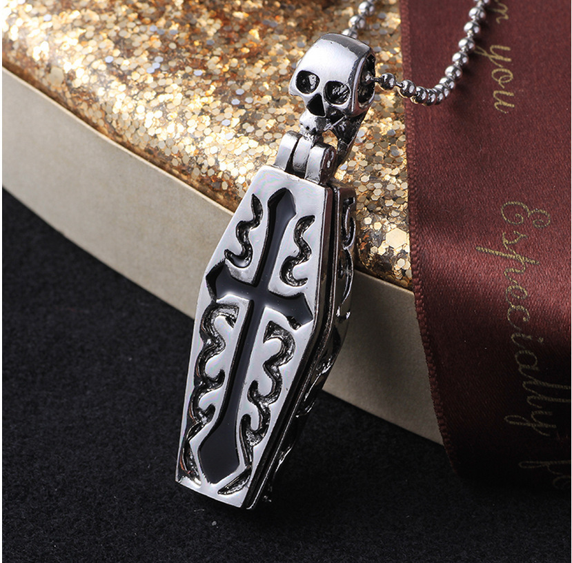 Punk Wolf Tide Domineering Cross Coffin Skeleton Man Pendant Thai Silver Male Necklace Vampire Jewelry Bling Crystal Rapper Jewelry Wholesale Bijoux