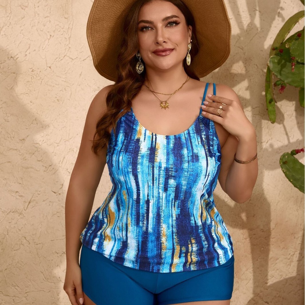 24 New Plus Size Split Swimsuit with Belly Covering and Slimming Print Flat Corner Pants for Beach and Hot Spring Vacation Swimsuit
