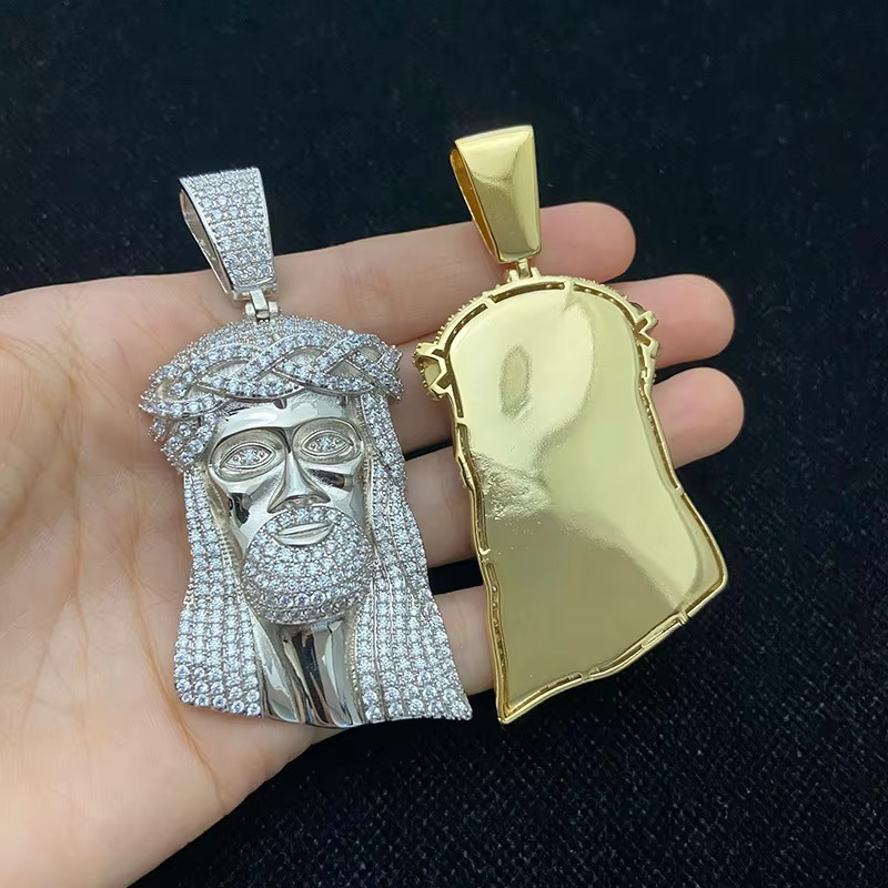 Large Size Micro Pave Solid Back Gold Hip Hop Iced Out Jesus Pendant