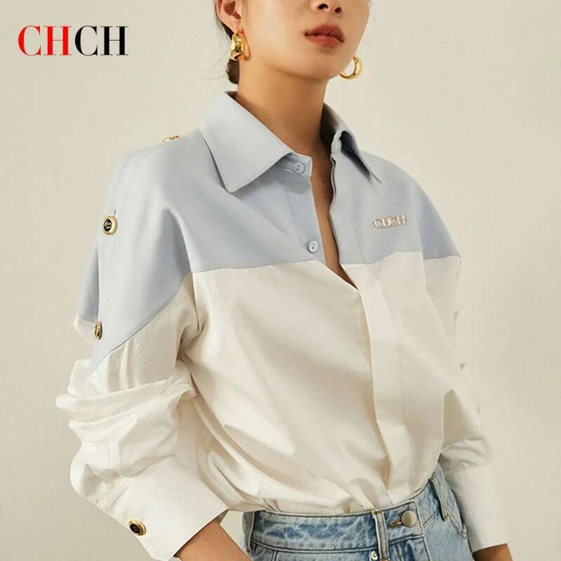 CHCH 2025 New High Quality Splicing Color Contrasting Long Sleeve Business Shirt Commuter Women's Wear
