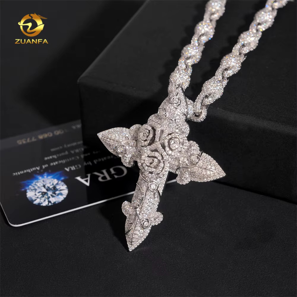 Hip Hop Jewelry Iced Out Luxury Cross Pendant for Cuban Link Chain 925 Silver Moissanite Diamond Charm Pendant