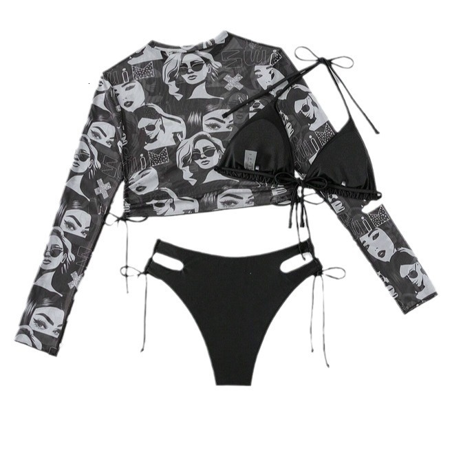 New Bikini Womens Long Sleeve Split Swimsuit Digital Printed Swimsuit