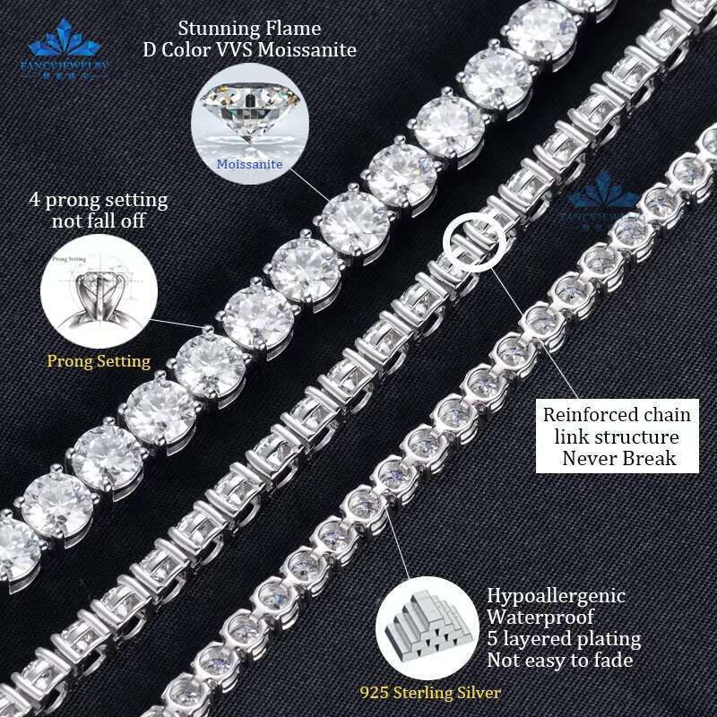 VVS Moissanite tennis chain Hip-hop jewelry necklace 3mm, 4mm, 5mm hip-hop ice design styleHip Hop Iced Out Fine Jewelry Necklace Women Men