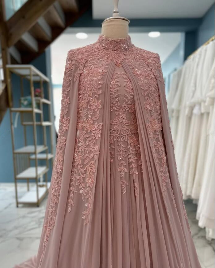 Pale Pink Muslim Arabic Evening Dresses with Cape Wrap Applique Lace Customsized Turkey Caftan Gelinlik Prom Gown Garment